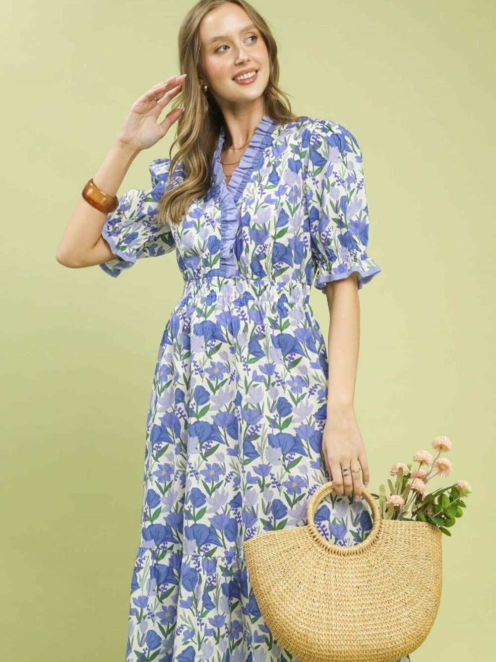 Floral Ruffle Trim Tiered Midi Dress By Umgee USA